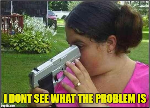 Dumb girl gun | I DONT SEE WHAT THE PROBLEM IS | image tagged in dumb girl gun | made w/ Imgflip meme maker