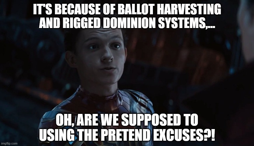 Spider-Man Made Up Names | IT'S BECAUSE OF BALLOT HARVESTING AND RIGGED DOMINION SYSTEMS,... OH, ARE WE SUPPOSED TO USING THE PRETEND EXCUSES?! | image tagged in spider-man made up names | made w/ Imgflip meme maker