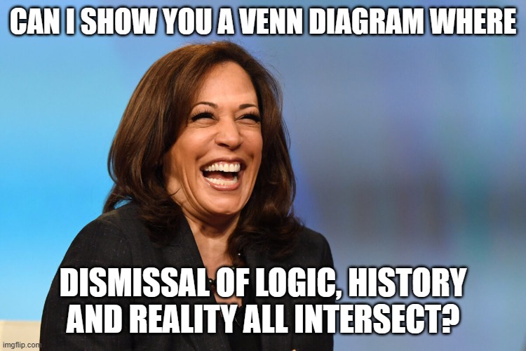 Kamala Harris laughing | CAN I SHOW YOU A VENN DIAGRAM WHERE DISMISSAL OF LOGIC, HISTORY AND REALITY ALL INTERSECT? | image tagged in kamala harris laughing | made w/ Imgflip meme maker
