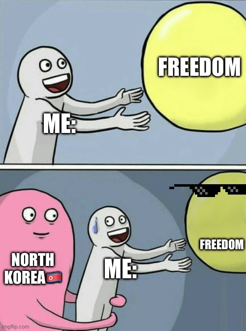 Running Away Balloon | FREEDOM; ME:; FREEDOM; NORTH KOREA🇰🇵; ME: | image tagged in memes,running away balloon | made w/ Imgflip meme maker