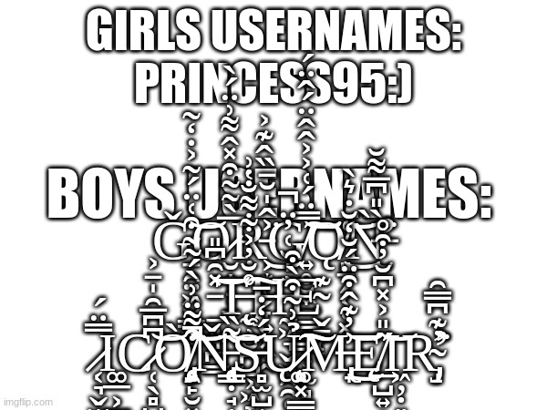 hehe | GIRLS USERNAMES:
PRINCESS95:); BOYS USERNAMES:; Ǧ̴̠̯̤͖̮͇̫̥͒͑̈́͂͐̇̒͂͝O̷̮̟̝̣̠̅̀͂̃͒̽̂͌͗̈́̀͘͘Ŗ̵͕͙̜̗̞͍͓̼̭͐̂̍̆̄̏̂͊͐͘͜G̸͍̥̮̼̲͇̯̳̖͕̫̻͓̫̪̿̈́͑͐͐̂̂̈́̂̈́͝͠Ǫ̸͈̱̗͔̜͓͑͜͝Ǹ̶̛̮̀̎͆̅͌̆̕̕͘̕ ̵̠̻͉̪̳̽̑͆̎͝T̶̨̼̹̮̪̺͕͖̞̜̖̙̊̆̓͐͋͌̐̔͗͠Ḩ̶̰͖͉̬͖̯̯̜͍̻̣͕̙̘͗̍̆͑̓̈̚E̴̬̠̜͔͊ ̷͔͉̬̫͓̿̈́Ι͚̲͕̳͍̹C̷̜̖̻̺͓̱̦̭̟̙̯͆͆̅̑̍̄͐͝Ò̸̡̨̧̨̯̙̮͓̥̦͔̦͒͌̈͗̀́͂͘̚̕͝͝Ň̵̢̧̨̳̣̘̩̪̹̱̝͈̖̟̮͌̏͝S̵̻̫̺̜̰̈́̒̇̄Ų̷̨̧͚͓͇̜̥̘͙̮̯̉͗͂͒̀͒͠͠M̶̢̟͗̓͊̂͒̈́̆̒̆̇͛̀͜͝Ę̸̲̺͍̹͈͓̜̤̋̎͐̽͆̆̓͒̊͝Ι͖̦̣͈̤R̴̡̛̝̓͊͆̿̑͘̕͘ | image tagged in memes,usernames | made w/ Imgflip meme maker