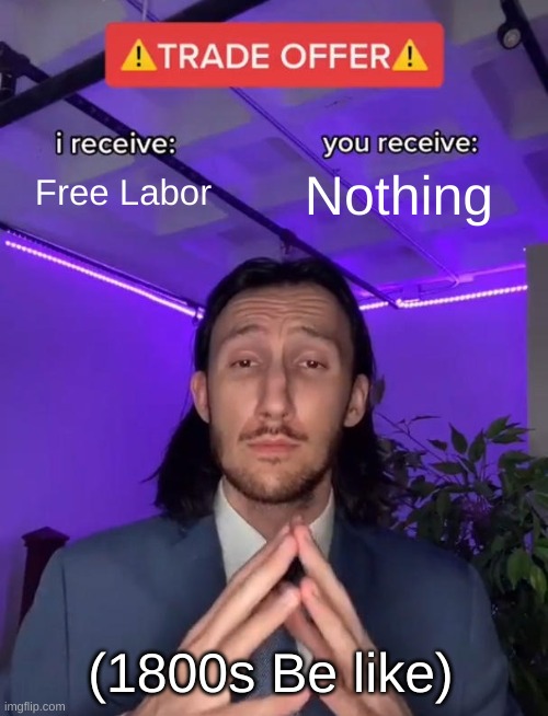pov your white in the 1800s | Free Labor; Nothing; (1800s Be like) | image tagged in trade offer | made w/ Imgflip meme maker