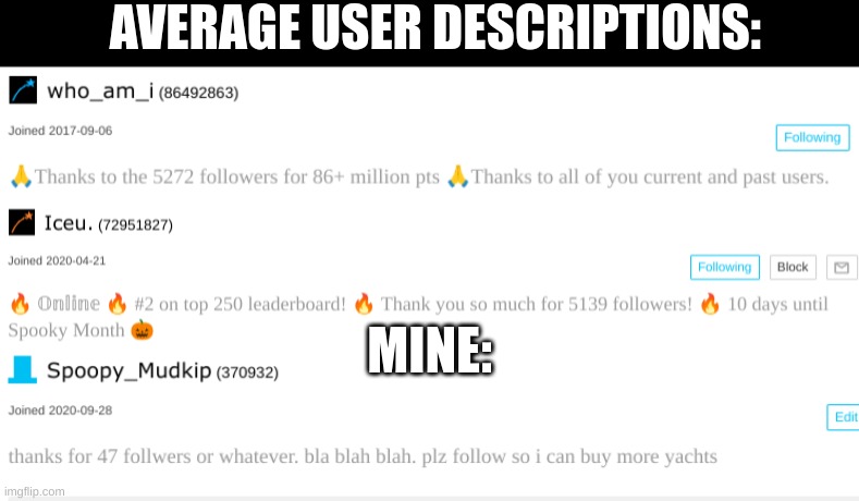 idk | AVERAGE USER DESCRIPTIONS:; MINE: | image tagged in mudkip,memes,iceu,who_am_i,help me | made w/ Imgflip meme maker