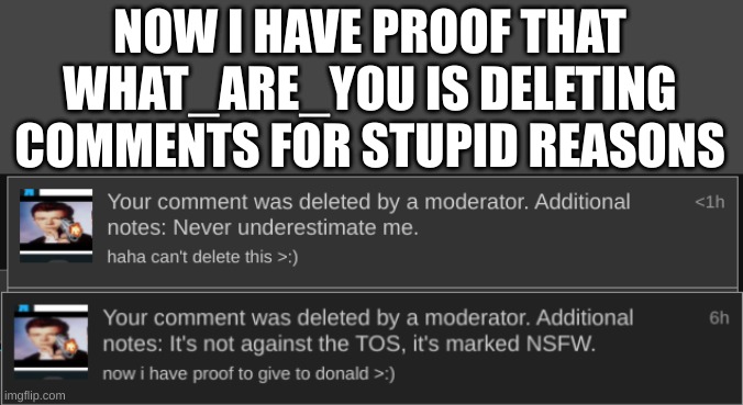 finally we might be able to get him banned | NOW I HAVE PROOF THAT WHAT_ARE_YOU IS DELETING COMMENTS FOR STUPID REASONS | image tagged in imgflip drama,imgflip,dive | made w/ Imgflip meme maker