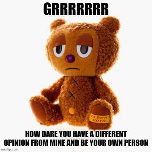 Pj plush | GRRRRRRR; HOW DARE YOU HAVE A DIFFERENT OPINION FROM MINE AND BE YOUR OWN PERSON | image tagged in pj plush | made w/ Imgflip meme maker