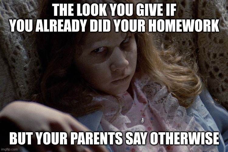 homework | THE LOOK YOU GIVE IF YOU ALREADY DID YOUR HOMEWORK; BUT YOUR PARENTS SAY OTHERWISE | image tagged in exorcist,homework | made w/ Imgflip meme maker