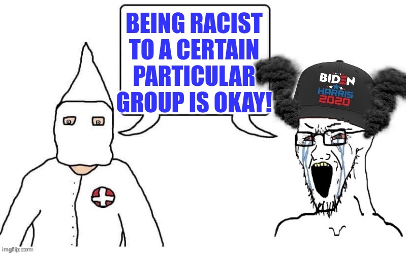 KKK and Democrat exactly the same | BEING RACIST TO A CERTAIN PARTICULAR GROUP IS OKAY! | image tagged in kkk and democrat exactly the same | made w/ Imgflip meme maker