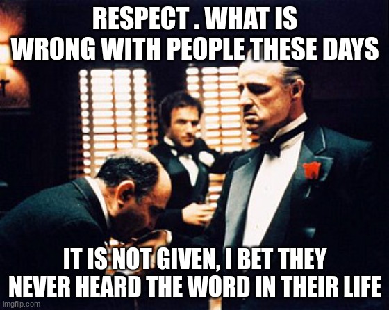 Respect | RESPECT . WHAT IS WRONG WITH PEOPLE THESE DAYS; IT IS NOT GIVEN, I BET THEY NEVER HEARD THE WORD IN THEIR LIFE | image tagged in godfather kissing hand | made w/ Imgflip meme maker