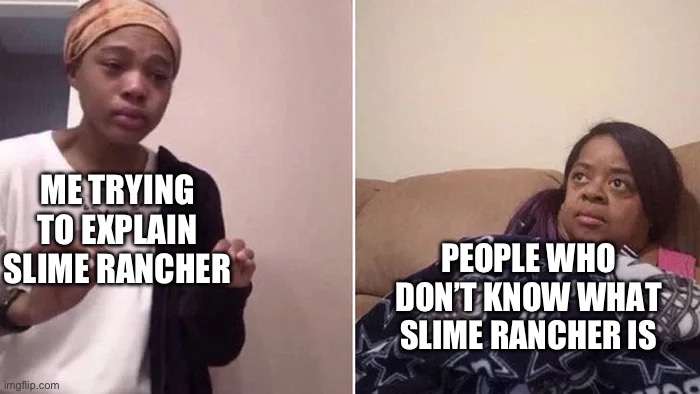 Me Explaining to My Mom | ME TRYING TO EXPLAIN SLIME RANCHER; PEOPLE WHO DON’T KNOW WHAT SLIME RANCHER IS | image tagged in me explaining to my mom | made w/ Imgflip meme maker