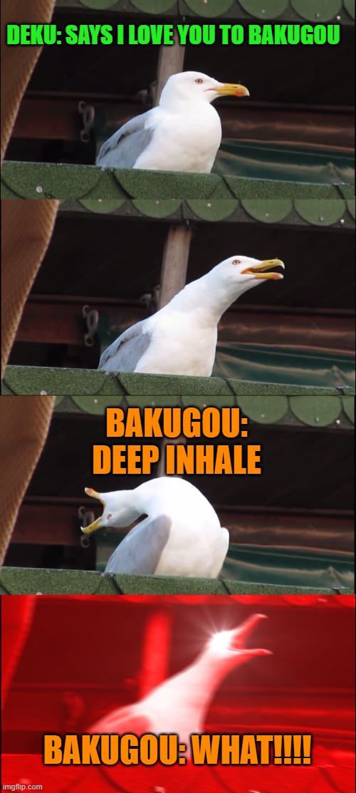 Inhaling Seagull Meme | DEKU: SAYS I LOVE YOU TO BAKUGOU; BAKUGOU: DEEP INHALE; BAKUGOU: WHAT!!!! | image tagged in memes,inhaling seagull | made w/ Imgflip meme maker
