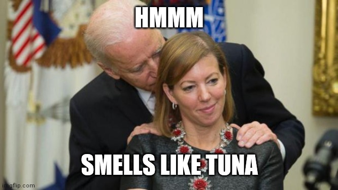 Smells like tuna | HMMM; SMELLS LIKE TUNA | image tagged in creepy joe biden,funny memes | made w/ Imgflip meme maker