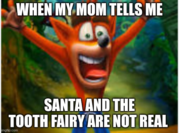 My shatared childhood | WHEN MY MOM TELLS ME; SANTA AND THE TOOTH FAIRY ARE NOT REAL | image tagged in suprised crash | made w/ Imgflip meme maker