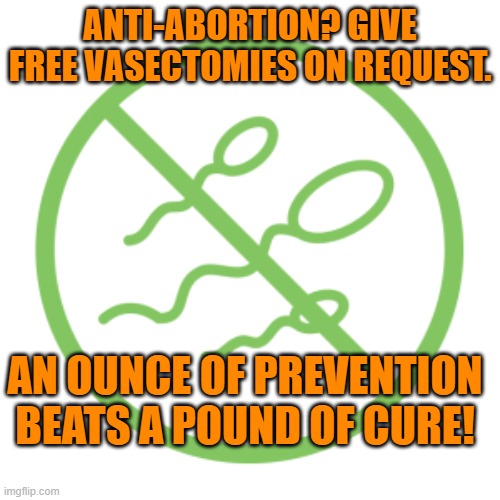 An abortion eliminates one unwanted pregnancy.  A vasectomy could prevent many. | ANTI-ABORTION? GIVE FREE VASECTOMIES ON REQUEST. AN OUNCE OF PREVENTION BEATS A POUND OF CURE! | image tagged in politics | made w/ Imgflip meme maker