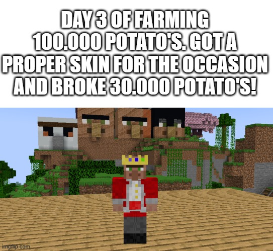 day 3 | DAY 3 OF FARMING 100.000 POTATO'S. GOT A PROPER SKIN FOR THE OCCASION AND BROKE 30.000 POTATO'S! | image tagged in technoblade | made w/ Imgflip meme maker