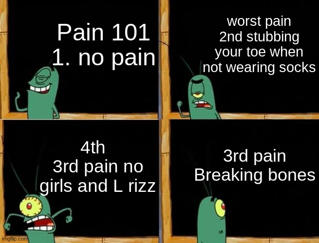 Plankton's Plan | Pain 101
1. no pain; worst pain 2nd stubbing your toe when not wearing socks; 3rd pain
Breaking bones; 4th  
3rd pain no girls and L rizz | image tagged in plankton's plan | made w/ Imgflip meme maker