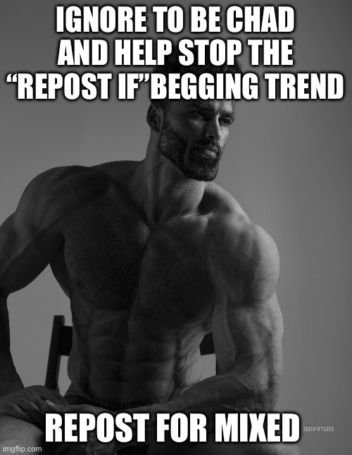 Giga Chad | IGNORE TO BE CHAD AND HELP STOP THE “REPOST IF”BEGGING TREND REPOST FOR MIXED | image tagged in giga chad | made w/ Imgflip meme maker