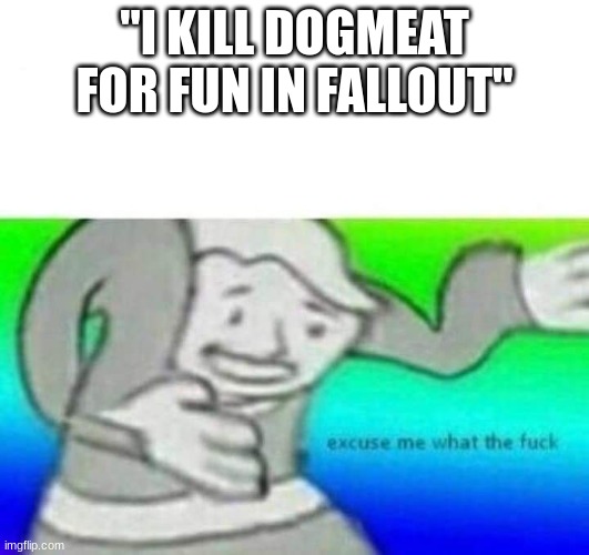 Fallout What thy f*ck | "I KILL DOGMEAT FOR FUN IN FALLOUT" | image tagged in fallout what thy f ck | made w/ Imgflip meme maker