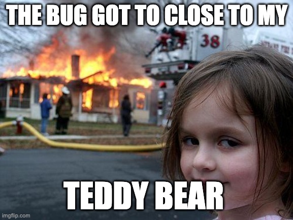 :/ | THE BUG GOT TO CLOSE TO MY; TEDDY BEAR | image tagged in memes,disaster girl | made w/ Imgflip meme maker