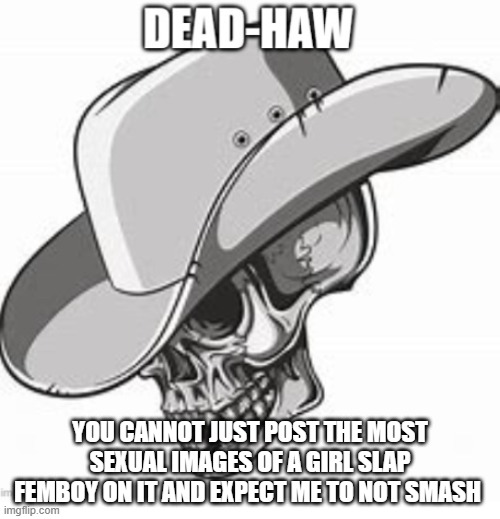 the rattle of my bones allerted the protag | YOU CANNOT JUST POST THE MOST SEXUAL IMAGES OF A GIRL SLAP FEMBOY ON IT AND EXPECT ME TO NOT SMASH | image tagged in dead-haw | made w/ Imgflip meme maker