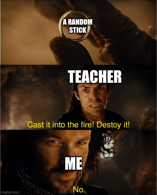 mogus | A RANDOM STICK; TEACHER; ME | image tagged in cast it into the fire | made w/ Imgflip meme maker
