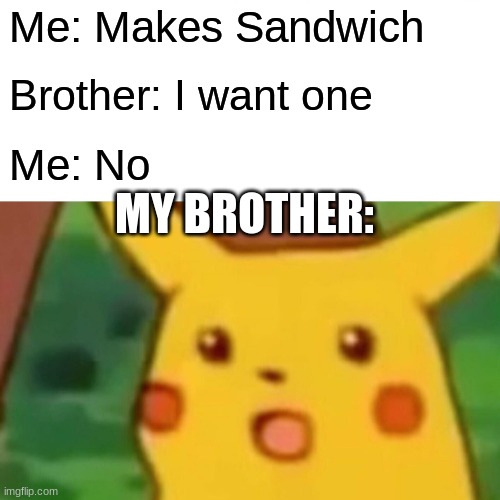 Surprised Pikachu Meme | Me: Makes Sandwich Brother: I want one Me: No MY BROTHER: | image tagged in memes,surprised pikachu | made w/ Imgflip meme maker