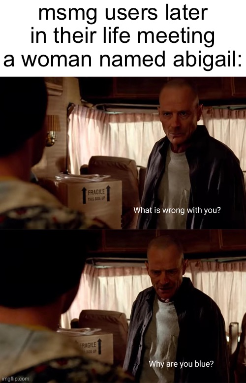 Why are You BlUe | msmg users later in their life meeting a woman named abigail: | image tagged in why are you blue | made w/ Imgflip meme maker