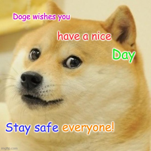 STAY SAFE!!! | Doge wishes you; have a nice; Day; everyone! Stay safe | image tagged in memes,doge | made w/ Imgflip meme maker