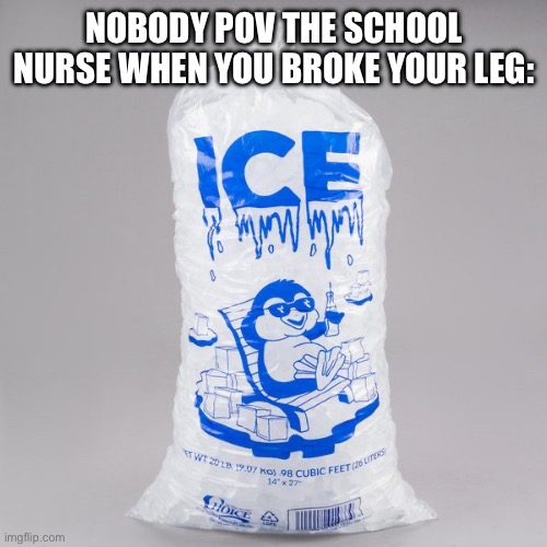 School nurse be like | NOBODY POV THE SCHOOL NURSE WHEN YOU BROKE YOUR LEG: | image tagged in bag of ice,relatable memes,funny memes,school nurse be like,imgflip,every school nurse | made w/ Imgflip meme maker