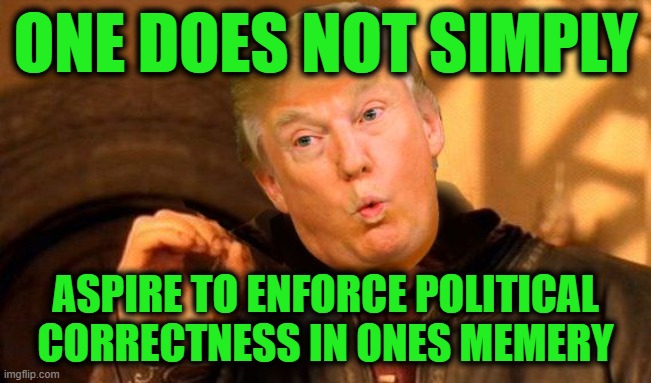 ONE DOES NOT SIMPLY ASPIRE TO ENFORCE POLITICAL CORRECTNESS IN ONES MEMERY | image tagged in one does not simply trump | made w/ Imgflip meme maker