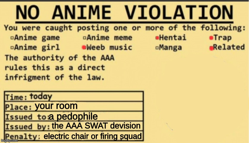 NO ANIME ALLOWED | . . . . your room; a pedophile; the AAA SWAT devision; electric chair or firing squad | image tagged in no anime allowed | made w/ Imgflip meme maker
