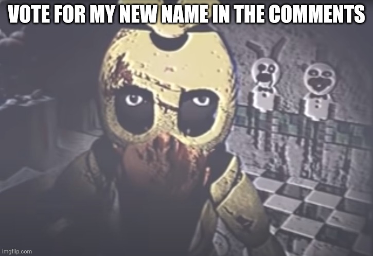 Withered Chica staring | VOTE FOR MY NEW NAME IN THE COMMENTS | image tagged in withered chica staring | made w/ Imgflip meme maker