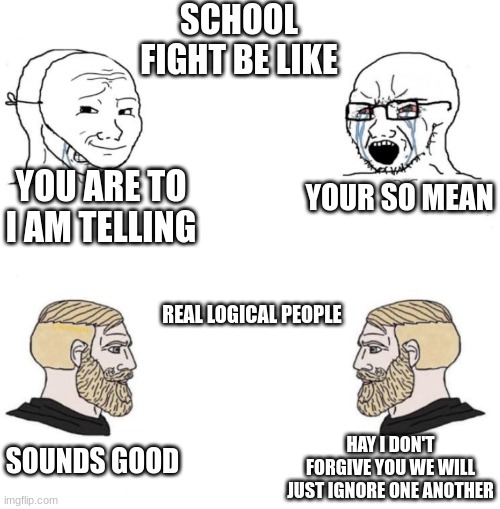 Chad we know | SCHOOL FIGHT BE LIKE; YOU ARE TO I AM TELLING; YOUR SO MEAN; REAL LOGICAL PEOPLE; HAY I DON'T FORGIVE YOU WE WILL JUST IGNORE ONE ANOTHER; SOUNDS GOOD | image tagged in chad we know | made w/ Imgflip meme maker