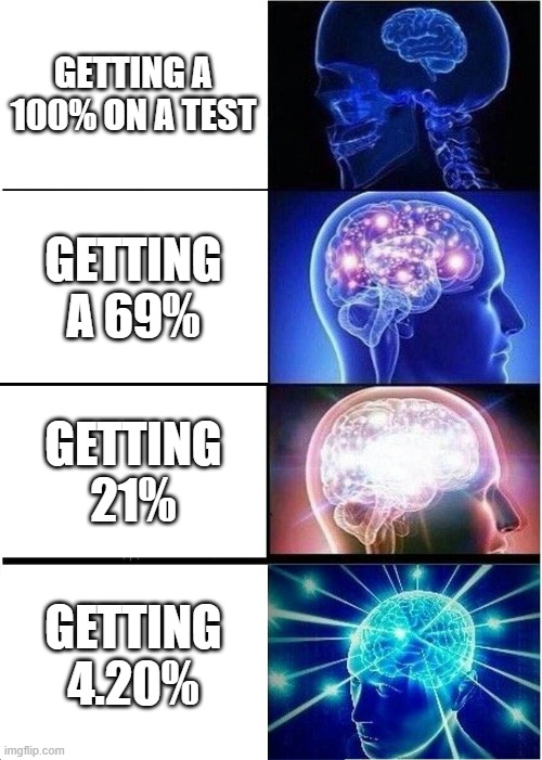 Expanding Brain | GETTING A 100% ON A TEST; GETTING A 69%; GETTING 21%; GETTING 4.20% | image tagged in memes,expanding brain | made w/ Imgflip meme maker