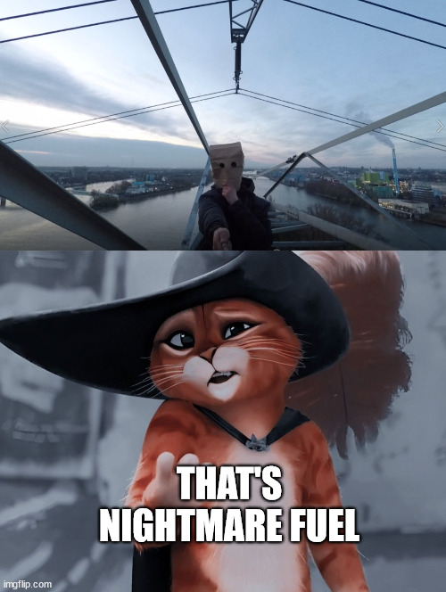 Puss in Boots meme, nightmare fuel | THAT'S NIGHTMARE FUEL | image tagged in borntoclimbtowers,puss in boots,meme,nightmare,latticeclimbing | made w/ Imgflip meme maker