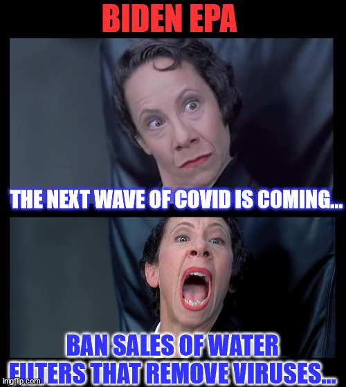 Feds wants to make water filters that remove the virus unavailable to the American people. | BIDEN EPA; THE NEXT WAVE OF COVID IS COMING... BAN SALES OF WATER FILTERS THAT REMOVE VIRUSES... | image tagged in frau farbissina,epa,water,filters,virus | made w/ Imgflip meme maker