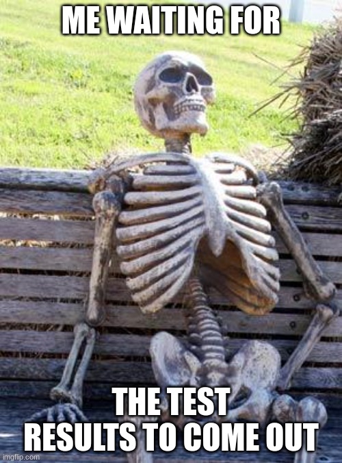 test results take foreva | ME WAITING FOR; THE TEST RESULTS TO COME OUT | image tagged in memes,waiting skeleton,funny,funny memes,relatable memes,relatable | made w/ Imgflip meme maker