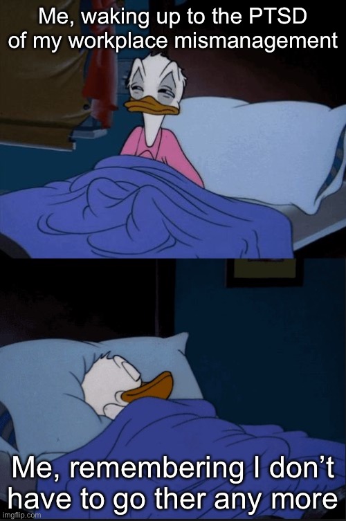 Donald Duck | Me, waking up to the PTSD of my workplace mismanagement; Me, remembering I don’t have to go ther any more | image tagged in donald duck | made w/ Imgflip meme maker
