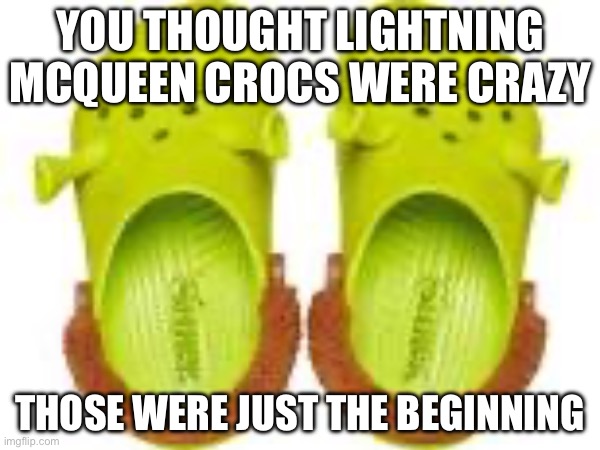Shriek crocs | YOU THOUGHT LIGHTNING MCQUEEN CROCS WERE CRAZY; THOSE WERE JUST THE BEGINNING | image tagged in memes,crocs,shrek | made w/ Imgflip meme maker
