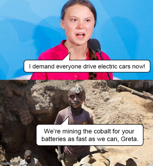 Greta demands | image tagged in greta thunberg,demands you drive,electric cars,kids mining cobalt | made w/ Imgflip meme maker