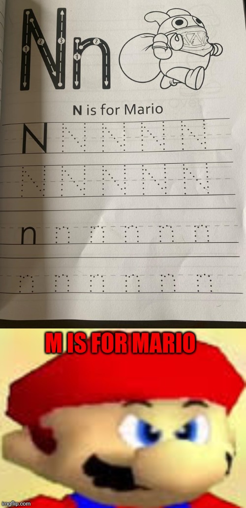 *M is for Mario | M IS FOR MARIO | image tagged in angry mario,m,n,mario,you had one job,memes | made w/ Imgflip meme maker