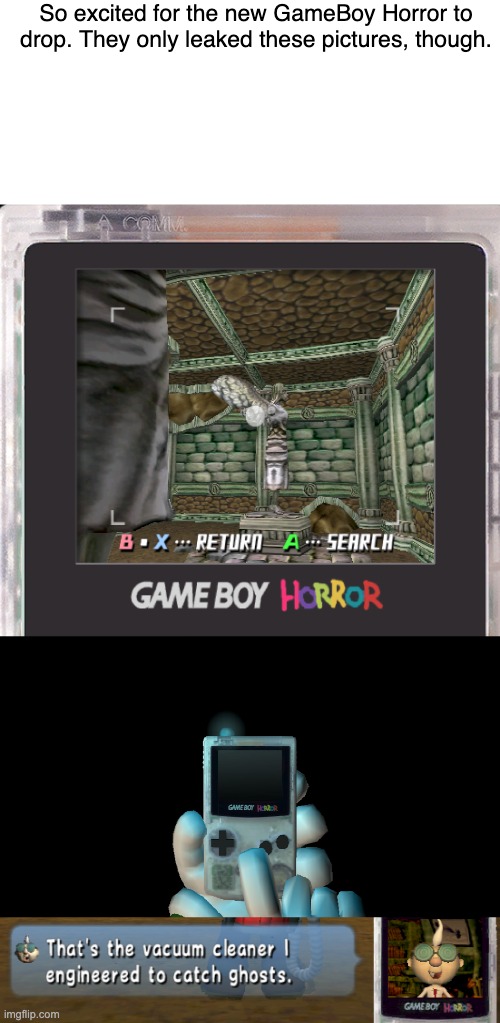 I've heard it's gonna be insane | So excited for the new GameBoy Horror to drop. They only leaked these pictures, though. | image tagged in gaming,nintendo,luigi's mansion,gamecube | made w/ Imgflip meme maker