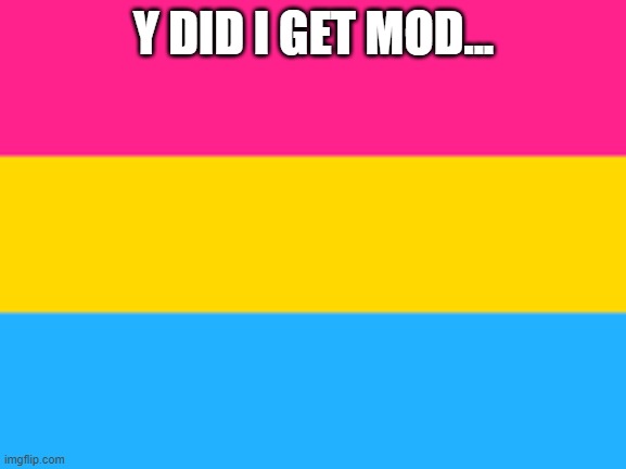 Rylie note: Becuz your lgbtq | Y DID I GET MOD... | image tagged in pansexual flag | made w/ Imgflip meme maker