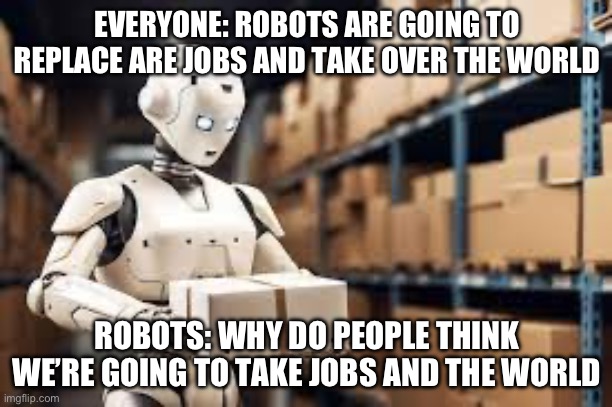 Do robots really plan to take over? | EVERYONE: ROBOTS ARE GOING TO REPLACE ARE JOBS AND TAKE OVER THE WORLD; ROBOTS: WHY DO PEOPLE THINK WE’RE GOING TO TAKE JOBS AND THE WORLD | image tagged in funny memes | made w/ Imgflip meme maker