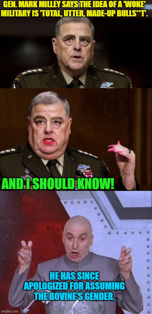 Generals of times past are spinning in their graves over what leftists have done to our military. | GEN. MARK MILLEY SAYS THE IDEA OF A 'WOKE' MILITARY IS 'TOTAL, UTTER, MADE-UP BULLS**T'. AND I SHOULD KNOW! HE HAS SINCE APOLOGIZED FOR ASSUMING THE BOVINE'S GENDER. | image tagged in yep | made w/ Imgflip meme maker