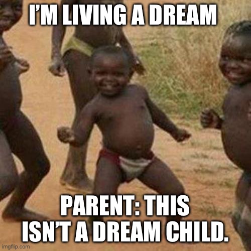 Dream big, dream wide | I’M LIVING A DREAM; PARENT: THIS ISN’T A DREAM CHILD. | image tagged in memes,third world success kid | made w/ Imgflip meme maker