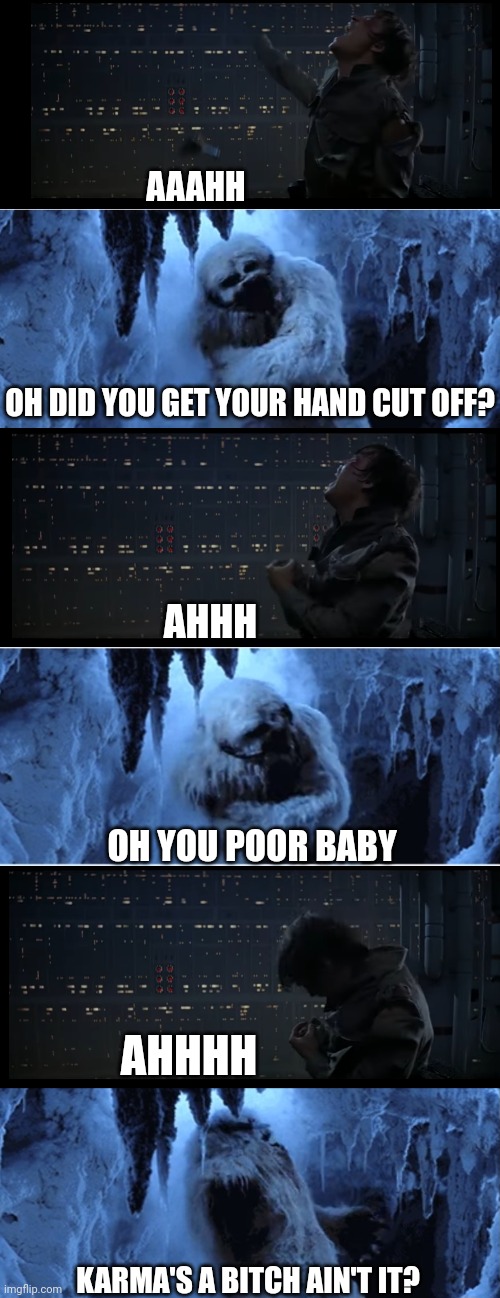 WAMPA LOST HIS WHOLE ARM | AAAHH; OH DID YOU GET YOUR HAND CUT OFF? AHHH; OH YOU POOR BABY; AHHHH; KARMA'S A BITCH AIN'T IT? | image tagged in wampa,star wars,luke skywalker,darth vader luke skywalker | made w/ Imgflip meme maker