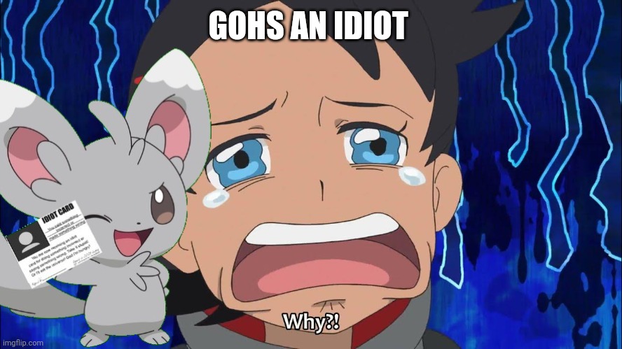 goh is crying | GOHS AN IDIOT | image tagged in goh is crying | made w/ Imgflip meme maker