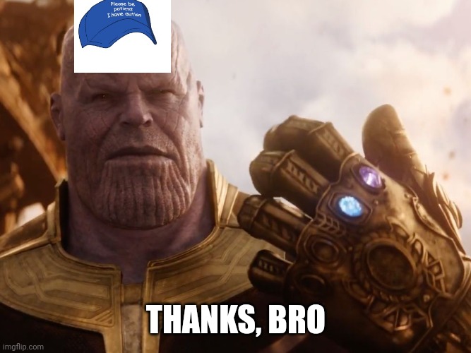 Thanos Smile | THANKS, BRO | image tagged in thanos smile | made w/ Imgflip meme maker