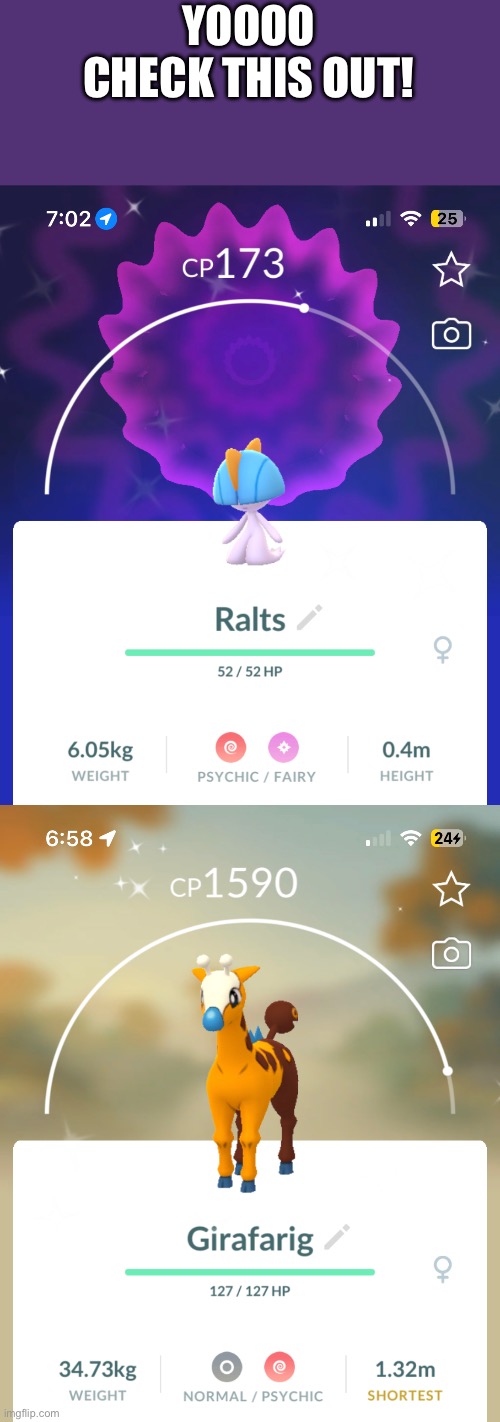 I caught these Pokémon when going on a walk (dbuchy note: i want the ralts) | YOOOO CHECK THIS OUT! | image tagged in pokemon go | made w/ Imgflip meme maker