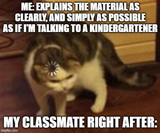 "You get it now?" | "Yeah...i think" | ME: EXPLAINS THE MATERIAL AS CLEARLY, AND SIMPLY AS POSSIBLE AS IF I'M TALKING TO A KINDERGARTENER; MY CLASSMATE RIGHT AFTER: | image tagged in loading cat | made w/ Imgflip meme maker